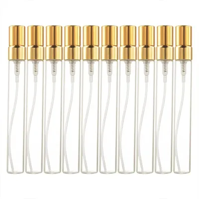 Imagen del producto de Juego de atomizadores para perfume, 10 mini botellas de vidrio de 10 ml, 10 unidades, color dorado, para llevar