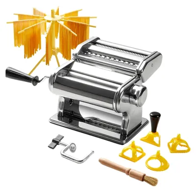 Produktbild von Manuelle Nudelmaschine mit Trockner aus Edelstahl, 9 Teigstärken und 2 Schnittbreiten für Lasagne, Spaghetti, Fettuccini und Ravioli