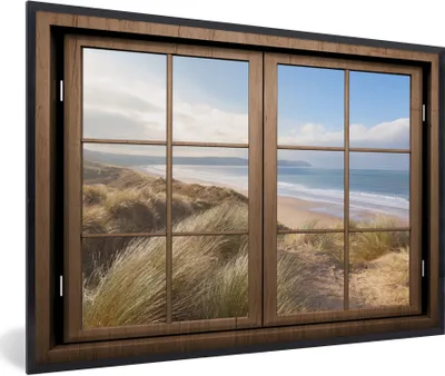 Produktbild von MuchoWow® Gerahmtes Poster Durchblick - Strand - Holz 90x60 cm - Poster mit Schwarzem Bilderrahmen Wandposter Rahmen Foto Bilder - Fotorahmen - Foto-Plakat