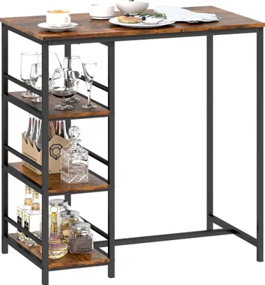 Image de HOMCOM Table de bar mange-debout table haute de cuisine avec 3 étagères de rangement et cadre en acier, pour salle à manger et cuisine, 90 x 50 x 90,5 cm, brun rustique, noir