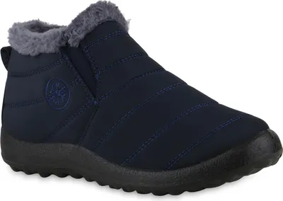 A single dark blue winter boot with gray fur lining is shown against a white background.