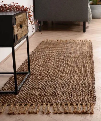 Imagen del producto de Unyqoos® Boho&me: Alfombra de yute gruesa, hecha a mano, resistente, con flecos, color marrón/natural, 70x200 cm, 8 mm de grosor, 2 kg/m²