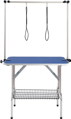 A professional studio shot of a pet grooming table against a white background.