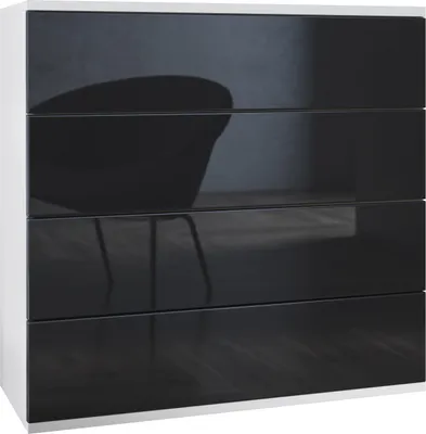 Produktbild von Vladon Kommode hängend Pavos V3, Sideboard mit 4 Schubladen Weiß matt/Schwarz Hochglanz (76 x 94 x 35 cm)