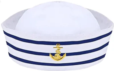 A sailor hat with blue stripes and a gold anchor emblem.