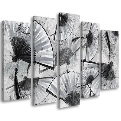 Produktbild von 5-teiliges leinwandbild japanische fächer 100x70 cm Feeby grau wandbild bereit zum aufhängen