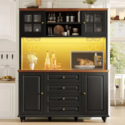 Image de Armoire de cuisine Flieks avec éclairage LED RGB, porte-verres en métal, meuble de rangement avec pieds en bois d'eucalyptus, meuble haut, pour cuisine et salon, couleur noire