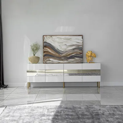 Produktbild von Skye Decor, Leon - White, Gold, TV-Ständer, 100 % MELAMINBESCHICHTETE SPANPLATTEN, Weiß, 180 x 35 x 59 cm