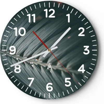 Produktbild von Wanduhr - Rund - Glasuhr - Blatt Palme exotisch - 30x30cm - Schleichendes Uhrwerk - Lautlos - zum Aufhängen bereit - Dekoration Modern - Wanddekoration aus Glas - C4AR30x30-4907