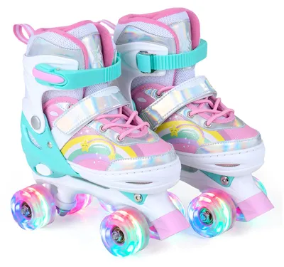 Produktbild von COSTWAY Rollschuhe Kinder Rainbow, 4 Größen verstellbar, Quad Skates mit LED Leuchtend Rädern, Kinderrollschuhe draußen, Roller Skates für Kinder 5+