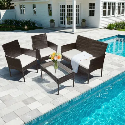 Produktbild von Peviasot Rattan Gartenmöbel Set mit 2 Sesseln, Sofa, Tisch und Kissen, Braun
