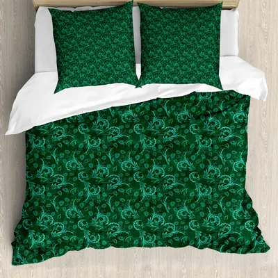 Produktbild von ABAKUHAUS Blumen Bettbezug Set, Abstrakte blühende Natur mit den Blumenblättern und Blätter-Grün tonte Illustration, 200 x 200 cm + 80 x 80 cm, Jadegrün Hellgrün