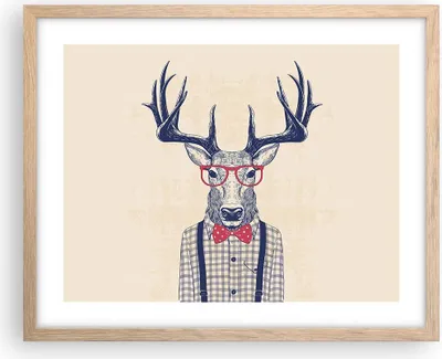 Produktbild von Gerahmtes Poster - Rahmen in heller Eiche - Charakter Hirsch Illustration hipster - 50x40 cm - Wand Bild - Wanddeko - Wandbilder - Wandposter - Bilderrahmen - Bilder - Kunstdruck - P2NAA50x40-3120