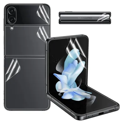 A set of screen protectors for a foldable phone, shown applied to the phone and as separate pieces.