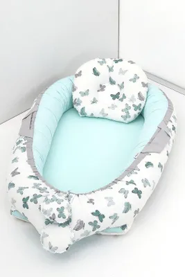 Produktbild von Jaju Baby Babynestchen mit Kopfkissen Baumwolle Grüne Schmetterlinge 95x60