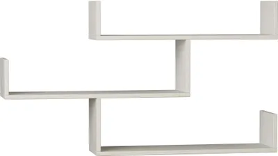 A white, modern, zig-zag shaped wall shelf against a white background.