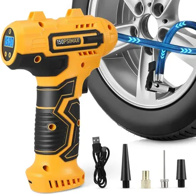Immagine prodotto di Compressore d'aria portatile per auto - Pompa elettrica portatile - 150 PSI, ricaricabile, per auto, moto, biciclette e palloni - Giallo