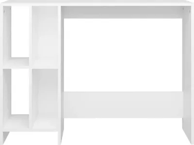 A white computer desk with a bookshelf on the left side, shown against a white background.