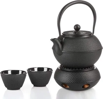 Produktbild von Unyqoos® Gusseiserne Teeset — traditionelle Teekanne 1,3 L mit Teewärmer Ø15 cm, 2 Tassen 70–80 ml, herausnehmbares Edelstahlsieb, innen emailliert (4‑tlg)