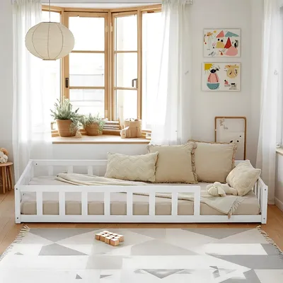 Produktbild von Homestyle4u Kinderbett Weiß mit Rausfallschutz 90x200 cm Bodenbett Montessori Bett Lattenrost Matratze