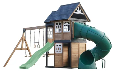 Produktbild von AXI Noud Spielturm aus Holz mit 2 Schaukeln & Rutsche in Pastellgrün & Röhrenrutsche | XXL Spielhaus / Spielplatz für Kinder mit Klettergerüst &
