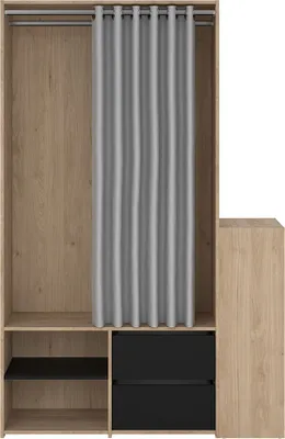 Produktbild von Kimmy Offener Kleiderschrank, mit Vorhang, 2 Schubladen, Schuhschrank Walnuss Nachbildung, matt schwarz, Vorhang hellgrau.