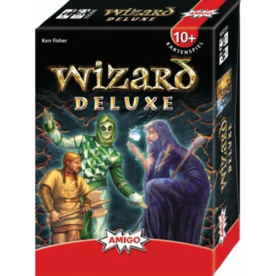 The image shows the front and side of a board game box. The front features artwork of three characters, the game title, and age/game type information. The side shows the game title repeated.