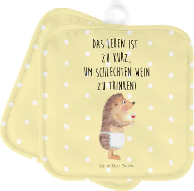 Produktbild von Mr. & Mrs. Panda 2er Set Topflappen Igel Wein - Gelb Pastell - Geschenk, Gute Laune, Tiere, Ofenhandschuh, Topfuntersetzer, Weinglas, Wein trinken, lustige Sprüche