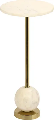 A white marble side table with a gold stem and base.