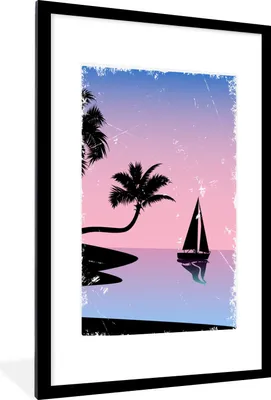 Produktbild von MuchoWow® MuchoWow® Gerahmtes Poster Boot - Palme - Nacht - Sommer 60x90 cm - Poster mit zchwarzem Bilderrahmen - Dekoration - Wandposter Wohnzimmer - Hochwertig
