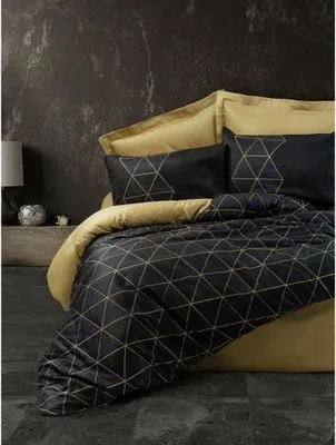 Zdjęcie produktu dla Pościel z Poszewką na Kołdrę 220 x 240 cm, 100% Bawełna Renforcé, 2 Poszewki na Poduszki 60 x 60 cm, Złoto i Czarny