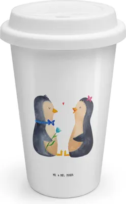 Produktbild von Mr. & Mrs. Panda Thermobecher To Go Pinguin Pärchen - Weiß - Geschenk, Mehrwegbecher, Hochzeitstag, Verknallt, becher kaffee, Liebespaar, Liebe, Coffee, Kaffeebecher