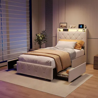 Produktbild von Polsterbett 90x200 cm mit 2 Schubladen, Stauraum-Kopfteil, LED, USB & Type-C Anschluss, Lattenrost, Flanell Beige, ohne Matratze