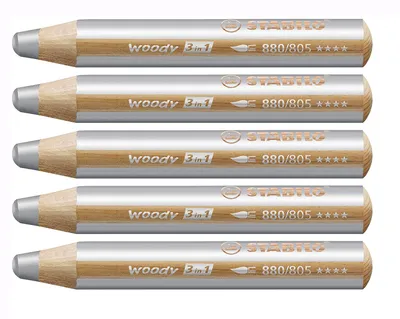 Image de Crayon de couleur, aquarelle & craie de cire - STABILO woody 3 in 1 - Pack de 5 - argenté