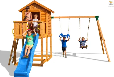 Produktbild von Fungoo Spielturm "My House Move+" teak mit Rutsche, Doppelschaukel, Haus mit Holzdach, Leiter, Griffe