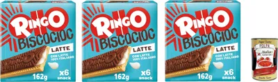 Produktbild von Pavesi Ringo Bisco Cioc Latte, Keks mit Milchfüllung und Schokoladenüberzug für einen süßen und leckeren Snack für zwischendurch, 3x 162g + Italian Gourmet polpa 400g