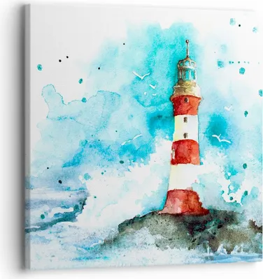 Produktbild von Bild auf Leinwand - Leinwandbild - Leuchtturm Wasser Illustration Welle - 30x30cm - Wand Bild - Wanddeko - Leinwanddruck - Bilder - Kunstdruck - Leinwand bilder - Wandkunst - AC30x30-2939