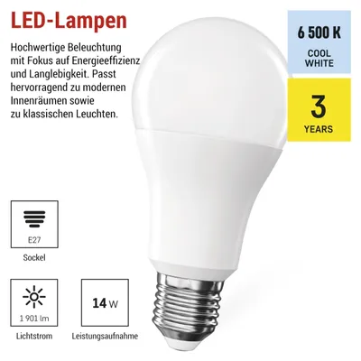Zdjęcie produktu dla Żarówka LED EMOS A60, 14 W, zamiennik żarówki 120 W, klasyczna żarówka z trzonkiem E27, jasność 1901 lm, zimna biel 6500 K, ZQ5D77