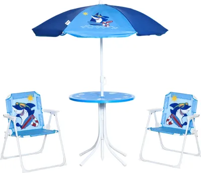 Produktbild von Outsunny 4 tlg. Kindersitzgruppe Garten Gartentisch 2 Klappstühle Sonnenschirm Camping Kindersitzgarnitur Gartenmöbel für 3-6 Jahre Blau