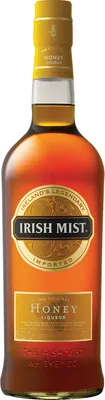 A bottle of Irish Mist Honey Liqueur against a white background.
