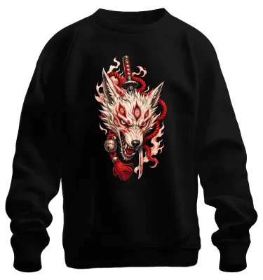Immagine prodotto di Felpa con cappuccio, stile anni 2000, con motivo giapponese: kitsune (volpe), lupo, katana, yokai, oni. Colore: nero. Taglia: M
