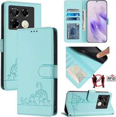 Produktbild von Leder Hülle für Infinix Note 40 Pro 5G Süße Katze Flip Case Brieftasche Schutzhülle mit Standfunktion hellgrün