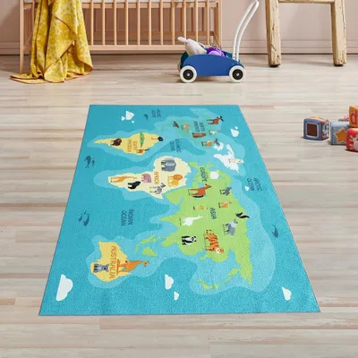 Produktbild von Kinderzimmer Weltkarten-Lernteppich mit Tieren in blau Größe - 80 x 150 cm