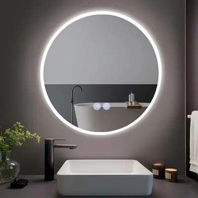 Image de Miroir de salle de bain rond avec éclairage 80 cm LED Miroir de salle de bain à intensité variable Miroir de salle de bain Interrupteur tactile et fonction anti-buée Miroir lumineux 3000K-6500K