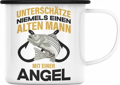 Produktbild von Trendation - Angler Emaille Tasse Geschenk Männer Sprüche Lustig für Fischer Geschenkidee Angeln Becher (Schwarz)