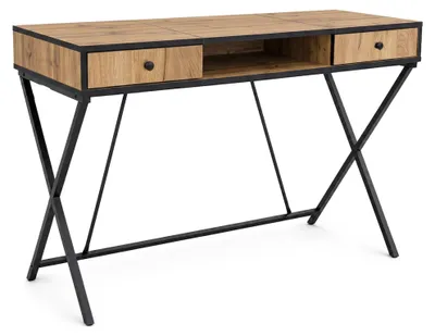 Zdjęcie produktu dla Biurko industrialne komputerowe Dąb Craft CROSSLINE 120 cm 2 szuflady 1 półka Czarne nogi