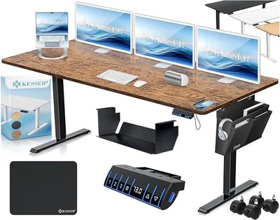 Imagen del producto de Escritorio de altura ajustable, eléctrico, de 180 x 80 cm, escritorio ergonómico para trabajar de pie o sentado, con función de memoria (3 posiciones), ideal para teletrabajo. Incluye accesorios, puerto de carga USB y ruedas giratorias de 360°. Color marrón
