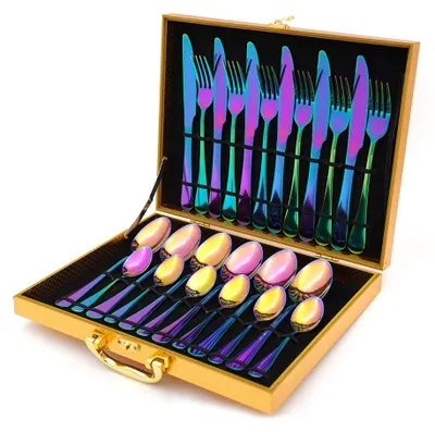 Produktbild von [Besteckset 24 tlg. [Wooden Box] in verschiedenen Farben] glänzendes Edelstahlbesteck für. 6 Personen Messer, Gabel, Löffel Cutlery Set mit Geschenkbox, Farben:Regenbogen