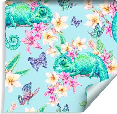 Zdjęcie produktu dla Tapeta Do Salonu Dekoracja Ścienna KAMELEONY Motyle Kwiaty Natura z modnym efektem 3D