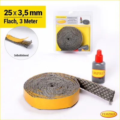 Produktbild von Temprix Kamindichtung & Ofendichtung 25 x 3,5 mm - 3 Meter inkl. Kleber | feuerfeste Ofenschnur, Kaminschnur & Dichtband bis 650°C temperaturbeständig | Dichtung für Kamin, Ofen & Grill
